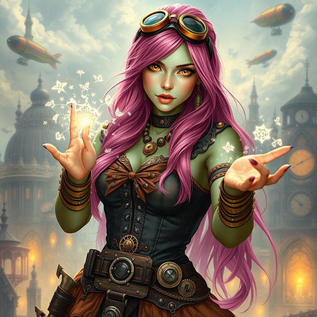 A woman with long, bright pink hair that cascades down her shoulders, possessing striking gold lizard eyes and light green skin