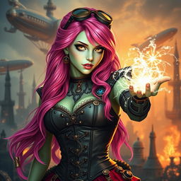 A woman with long, bright pink hair that cascades down her shoulders, possessing striking gold lizard eyes and light green skin