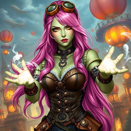 A woman with long, bright pink hair that cascades down her shoulders, possessing striking gold lizard eyes and light green skin