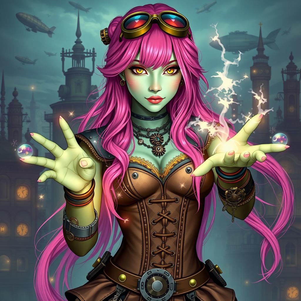 A woman with long, bright pink hair that cascades down her shoulders, possessing striking gold lizard eyes and light green skin