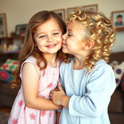 A heartwarming and innocent scene of two young sisters sharing a gentle kiss on the cheek, conveying warmth and love