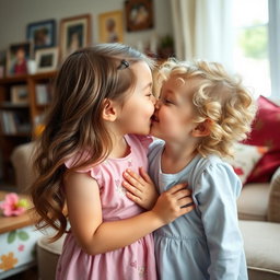 A heartwarming and innocent scene of two young sisters sharing a gentle kiss on the cheek, conveying warmth and love