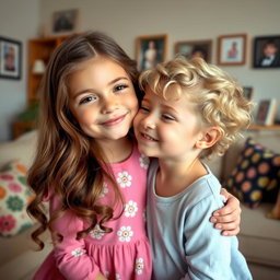 A heartwarming and innocent scene of two young sisters sharing a gentle kiss on the cheek, conveying warmth and love