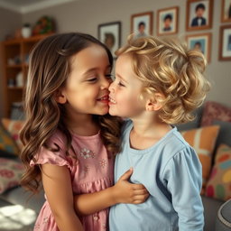 A heartwarming and innocent scene of two young sisters sharing a gentle kiss on the cheek, conveying warmth and love