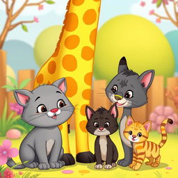 A delightful cartoon scene featuring a tall and friendly giraffe alongside a nurturing gray mother cat