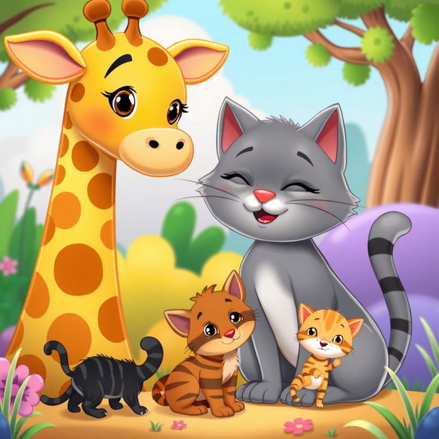 A delightful cartoon scene featuring a tall and friendly giraffe alongside a nurturing gray mother cat