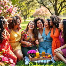 A vibrant and heartwarming portrayal of sisterhood, featuring a diverse group of women of various ethnicities joyfully celebrating their bond