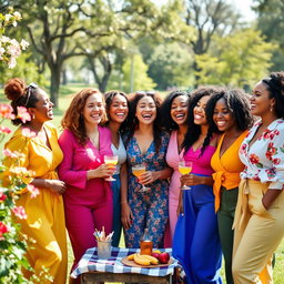 A vibrant and heartwarming portrayal of sisterhood, featuring a diverse group of women of various ethnicities joyfully celebrating their bond