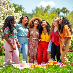 A vibrant and heartwarming portrayal of sisterhood, featuring a diverse group of women of various ethnicities joyfully celebrating their bond