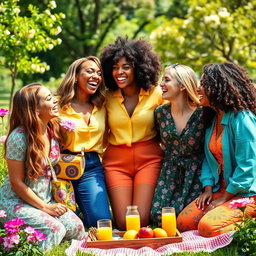 A vibrant and heartwarming portrayal of sisterhood, featuring a diverse group of women of various ethnicities joyfully celebrating their bond