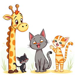 A lively cartoon drawing featuring a charming giraffe, a loving gray mother cat, a cute black kitten, and an enchanting orange-striped kitten