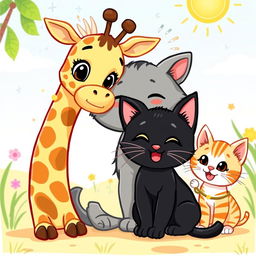A lively cartoon drawing featuring a charming giraffe, a loving gray mother cat, a cute black kitten, and an enchanting orange-striped kitten