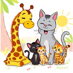 A lively cartoon drawing featuring a charming giraffe, a loving gray mother cat, a cute black kitten, and an enchanting orange-striped kitten