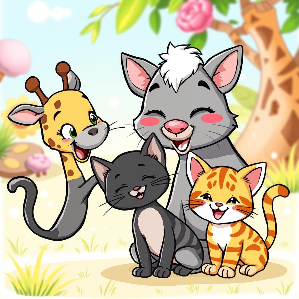 A lively cartoon drawing featuring a charming giraffe, a loving gray mother cat, a cute black kitten, and an enchanting orange-striped kitten