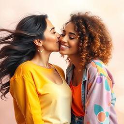 A beautiful moment of sisterhood captured in an artistic style, featuring two women sharing a gentle kiss on the cheek