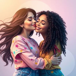 A beautiful moment of sisterhood captured in an artistic style, featuring two women sharing a gentle kiss on the cheek