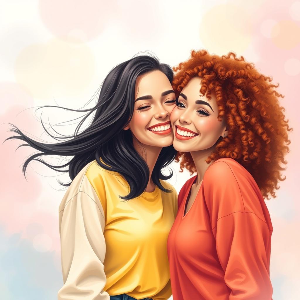 A beautiful moment of sisterhood captured in an artistic style, featuring two women sharing a gentle kiss on the cheek
