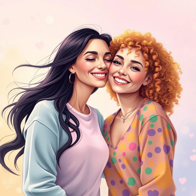 A beautiful moment of sisterhood captured in an artistic style, featuring two women sharing a gentle kiss on the cheek