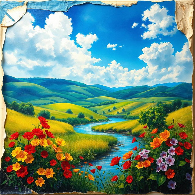 A beautifully restored image of a tattered painting, showcasing vibrant colors and intricate details