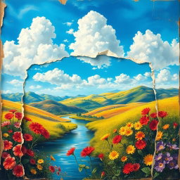 A beautifully restored image of a tattered painting, showcasing vibrant colors and intricate details