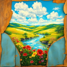 A beautifully restored image of a tattered painting, showcasing vibrant colors and intricate details
