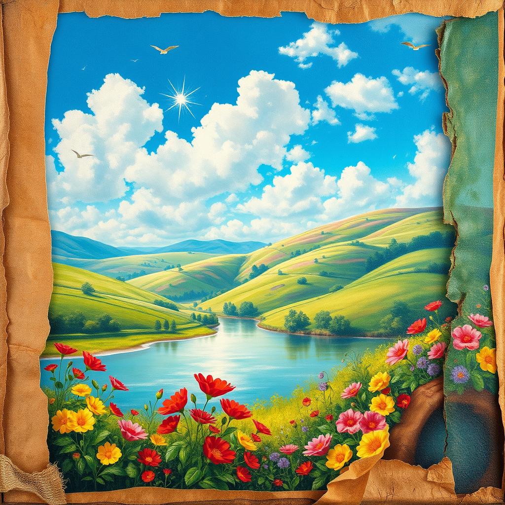 A beautifully restored image of a tattered painting, showcasing vibrant colors and intricate details