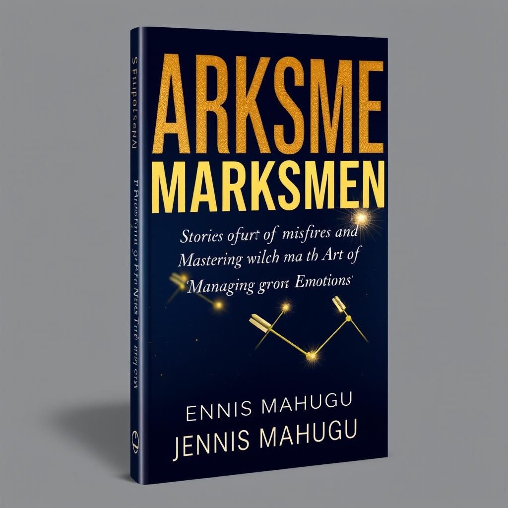 A stunning book cover design for 'MARKSMEN: Stories of Misfires and Mastering the Art of Managing Emotions' by DENNIS MAHUGU