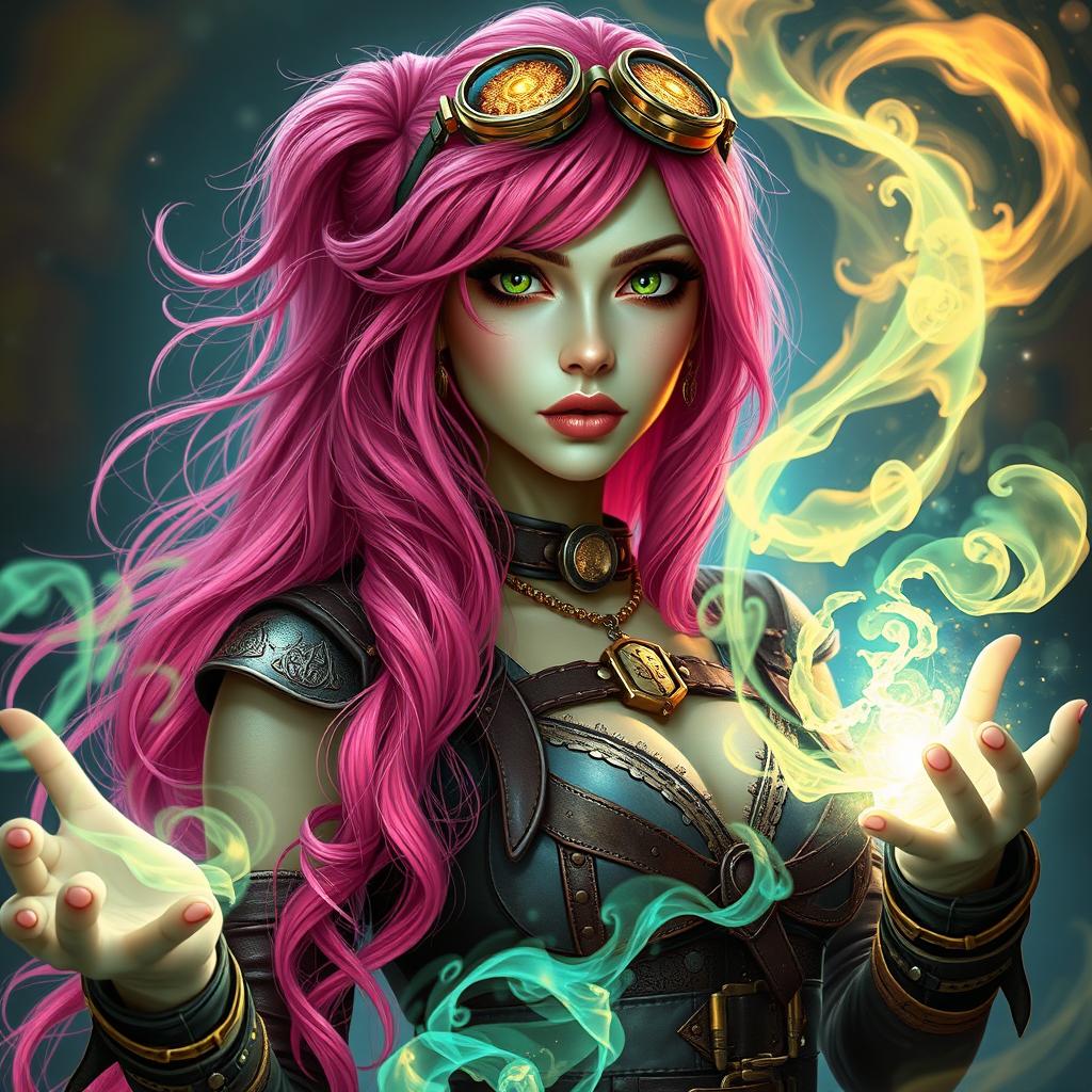 A striking woman with long, bright pink hair cascading down her back, her eyes resembling sparkling gold lizards, and with a unique light green skin tone