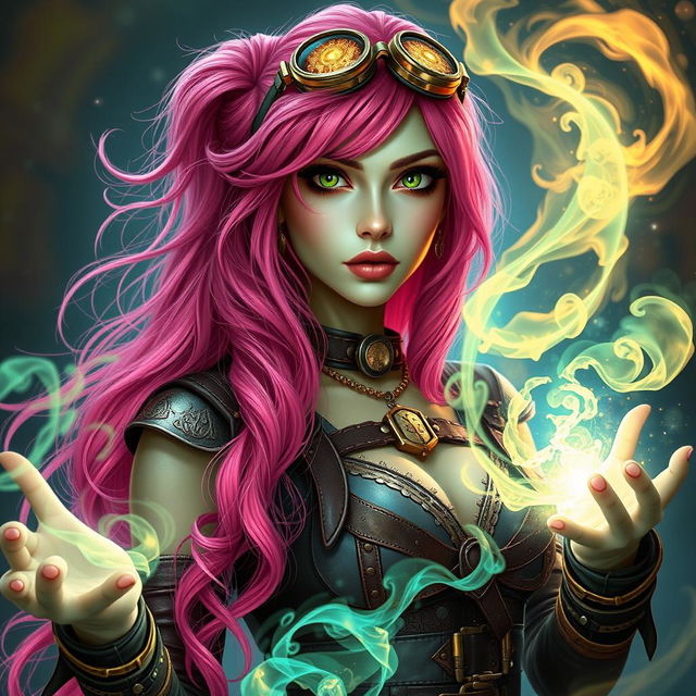 A striking woman with long, bright pink hair cascading down her back, her eyes resembling sparkling gold lizards, and with a unique light green skin tone