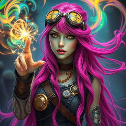 A striking woman with long, bright pink hair cascading down her back, her eyes resembling sparkling gold lizards, and with a unique light green skin tone