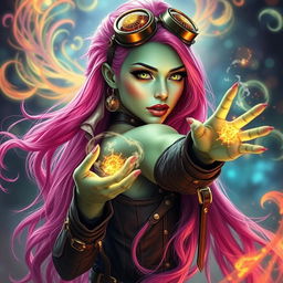 A striking woman with long, bright pink hair cascading down her back, her eyes resembling sparkling gold lizards, and with a unique light green skin tone