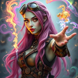 A striking woman with long, bright pink hair cascading down her back, her eyes resembling sparkling gold lizards, and with a unique light green skin tone