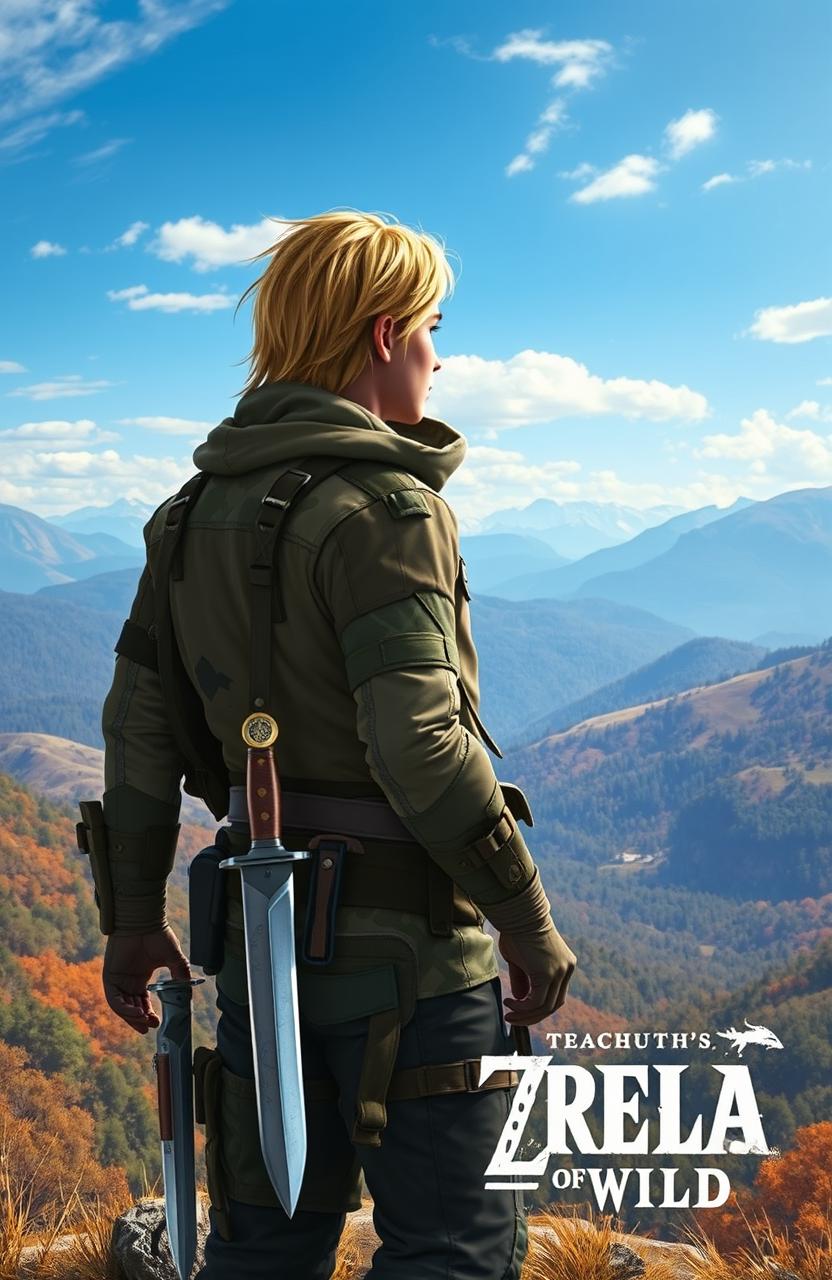 A realistic image of a blonde-haired man standing confidently, with a long knife sheathed at his side