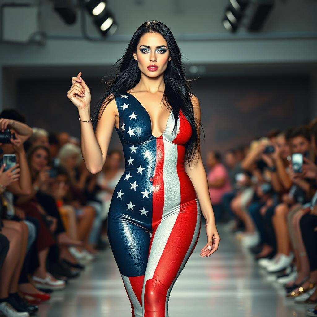 A stunning model confidently strutting down a fashion show runway, wearing a form-fitting bodysuit painted like the American flag, showcasing vivid red, white, and blue colors