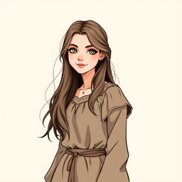 A beautiful young commoner woman illustrated in the style of Dungeons and Dragons, set against a neutral background