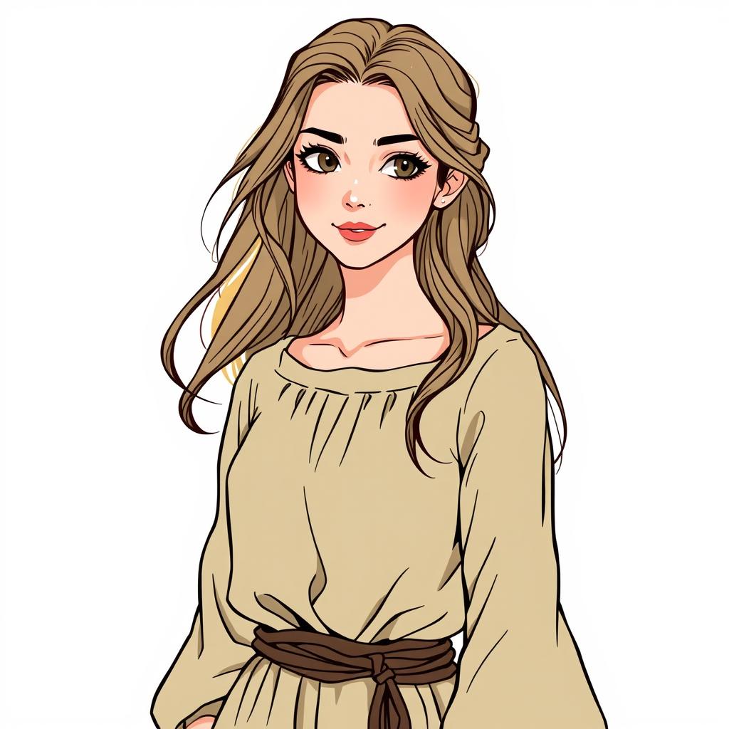 A beautiful young commoner woman illustrated in the style of Dungeons and Dragons, set against a neutral background
