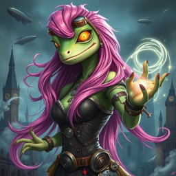 A lizard woman with long, vibrant pink hair flowing elegantly, glowing gold lizard-like eyes exuding mystical energy, and smooth light green skin