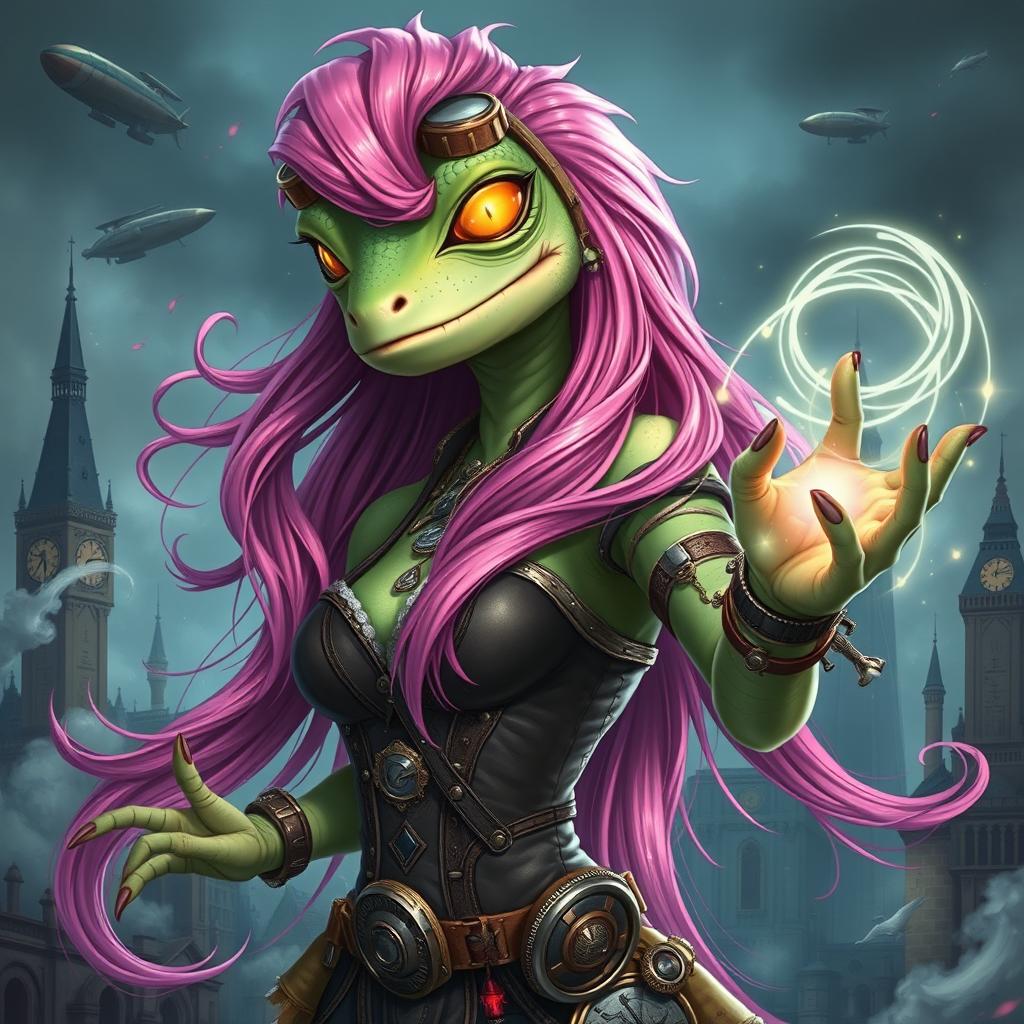 A lizard woman with long, vibrant pink hair flowing elegantly, glowing gold lizard-like eyes exuding mystical energy, and smooth light green skin