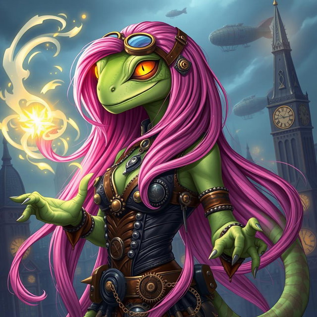 A lizard woman with long, vibrant pink hair flowing elegantly, glowing gold lizard-like eyes exuding mystical energy, and smooth light green skin