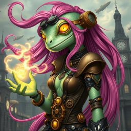 A lizard woman with long, vibrant pink hair flowing elegantly, glowing gold lizard-like eyes exuding mystical energy, and smooth light green skin