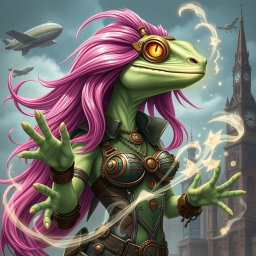 A lizard woman with long, vibrant pink hair flowing elegantly, glowing gold lizard-like eyes exuding mystical energy, and smooth light green skin
