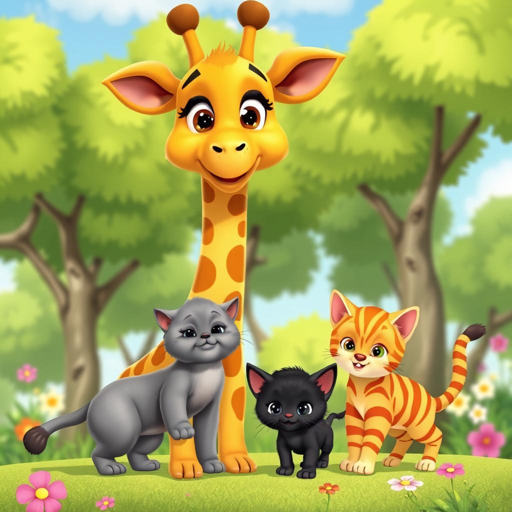 A charming animated scene featuring a friendly giraffe, a gray mother cat, a playful black kitten, and an adorable striped kitten in vibrant orange tones
