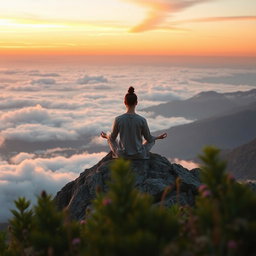A serene and inspiring personal development scene featuring a person meditating on a mountain top during sunrise