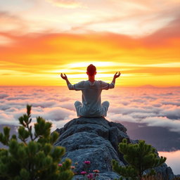 A serene and inspiring personal development scene featuring a person meditating on a mountain top during sunrise