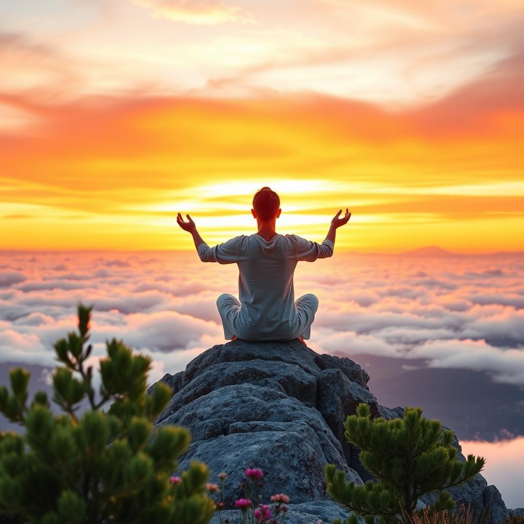 A serene and inspiring personal development scene featuring a person meditating on a mountain top during sunrise
