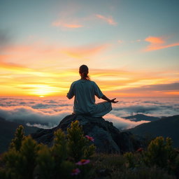 A serene and inspiring personal development scene featuring a person meditating on a mountain top during sunrise
