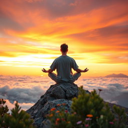 A serene and inspiring personal development scene featuring a person meditating on a mountain top during sunrise