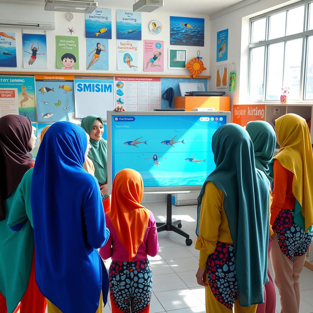 A vibrant and lively classroom scene featuring a group of young women wearing colorful hijabs, engaging in a fun and interactive swimming lesson