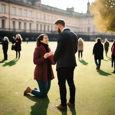 He fell to one knee, aghast, when he saw her radiant smile as she said 'yes' to his marriage proposal.