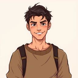 A handsome young commoner man illustrated in the style of Dungeons and Dragons, set against a neutral background